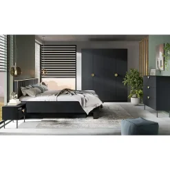 Lit MONDO 180x200 cm Noir structuré et doré Pieds métal design Sans sommier