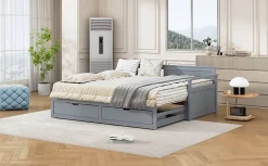 Lit multifonction deux en un quatre vingt dix cent quatre vingt par cent quatre vingt dix pin avec tiroirs lit extensible gris