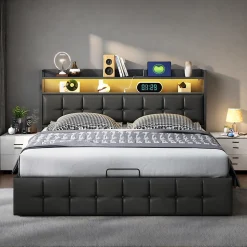 Lit multifonction 140x200 cm en cuirPolyuréthanenoir avec LED RGB, coffre hydraulique, prises intégrées et chargeur européen