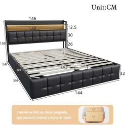 Lit multifonction 140x200 cm en cuirPolyuréthanenoir avec LED RGB, coffre hydraulique, prises intégrées et chargeur européen