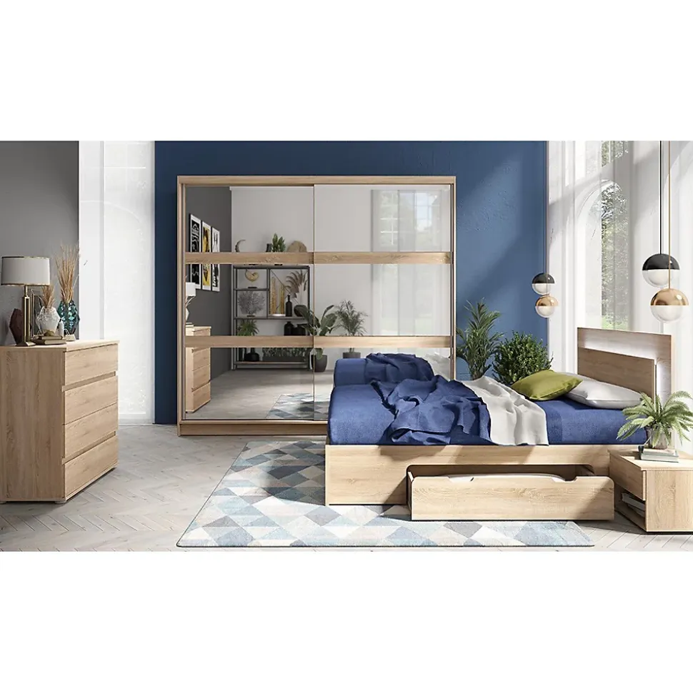 Lit NOFI 160 x 200 cm avec sommier et 2 tiroirs de rangement - coloris chene sonoma