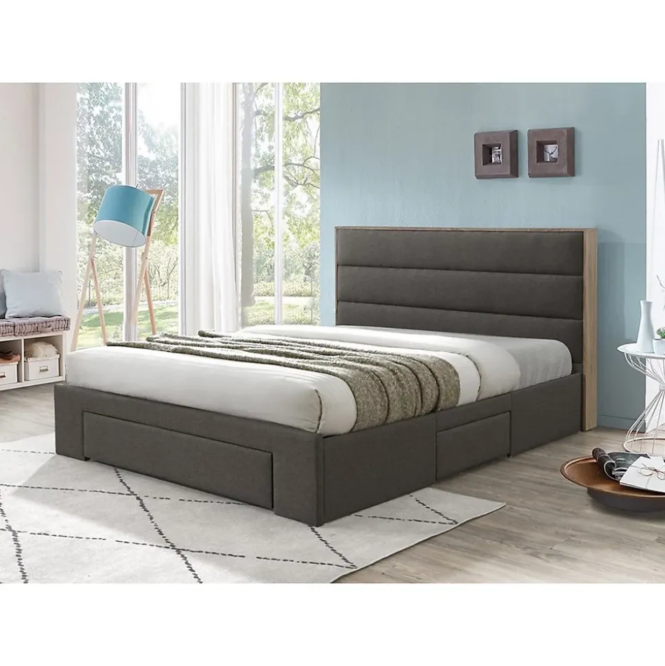 Lit OTTAWA 160x200 cm coloris gris et chene avec tiroirs et sommier inclus