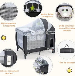 Lit Parapluie pour Bebe Pliable a roulettes avec Table a Langer et Matelas Lit de Voyage Bebe Gris