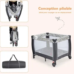 Lit Parapluie pour Bebe Pliable a roulettes avec Table a Langer et Matelas Lit de Voyage Bebe Gris