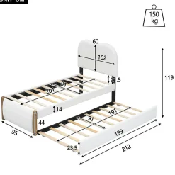 Lit plat rembourré 90 x 200 cm avec roulettes, blanc, noir