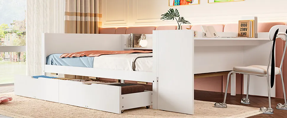 Lit Plat 140x200cm, Bureau, 2 Tiroirs, Pin + Panneau, Sans Matelas, Blanc