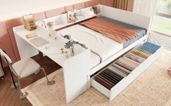 Lit Plat 140x200cm, Bureau, 2 Tiroirs, Pin + Panneau, Sans Matelas, Blanc