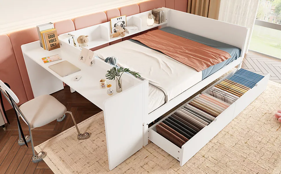 Lit Plat 140x200cm, Bureau, 2 Tiroirs, Pin + Panneau, Sans Matelas, Blanc