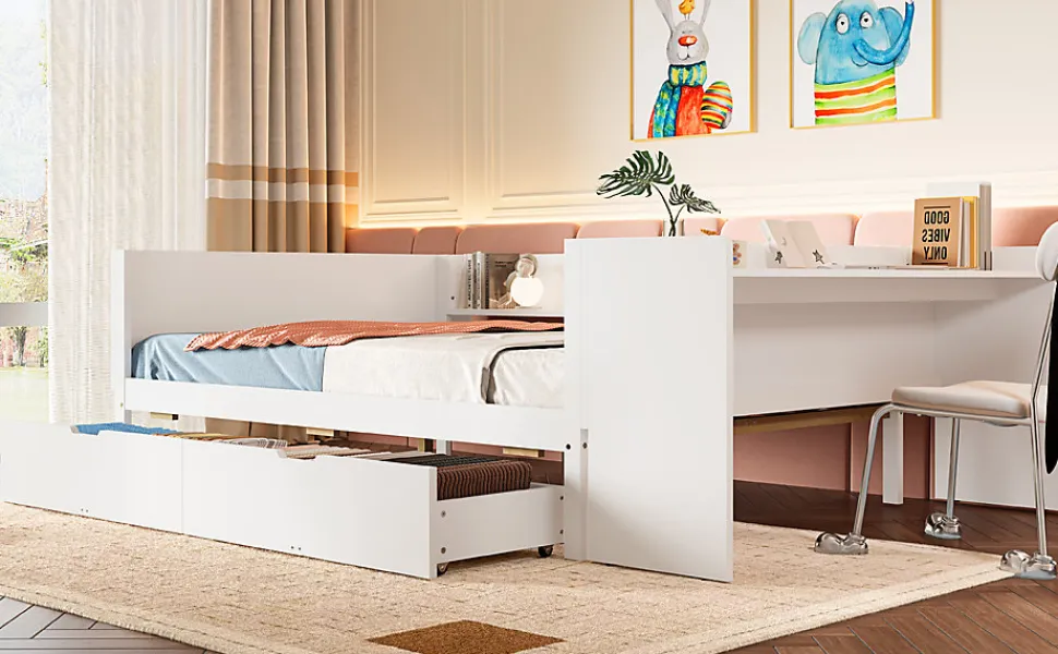 Lit Plat 140x200cm, Bureau, 2 Tiroirs, Pin + Panneau, Sans Matelas, Blanc