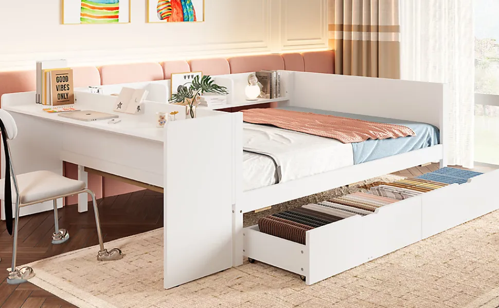 Lit Plat 140x200cm, Bureau, 2 Tiroirs, Pin + Panneau, Sans Matelas, Blanc