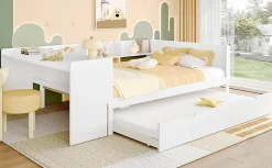 Lit Plat 140x200cm, Bureau, Lit Escamotable, 2 Tiroirs, Pin + Panneau, Blanc