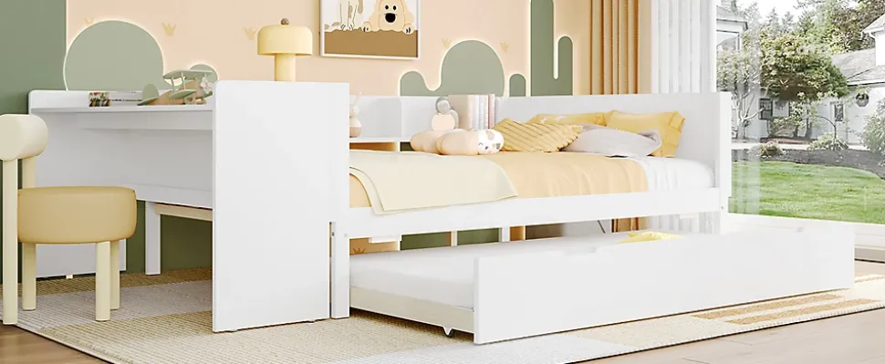 Lit Plat 140x200cm, Bureau, Lit Escamotable, 2 Tiroirs, Pin + Panneau, Blanc