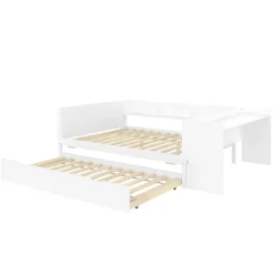 Lit Plat 140x200cm, Bureau, Lit Escamotable, 2 Tiroirs, Pin + Panneau, Blanc