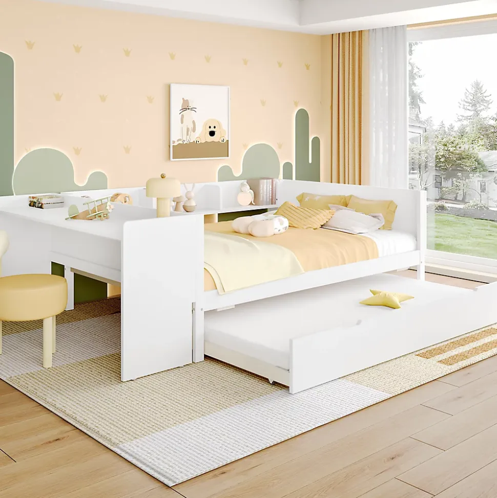 Lit Plat 140x200cm, Bureau, Lit Escamotable, 2 Tiroirs, Pin + Panneau, Blanc