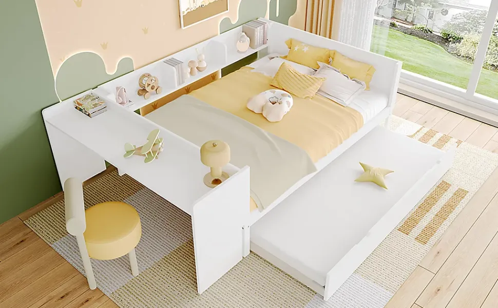 Lit Plat 140x200cm, Bureau, Lit Escamotable, 2 Tiroirs, Pin + Panneau, Blanc