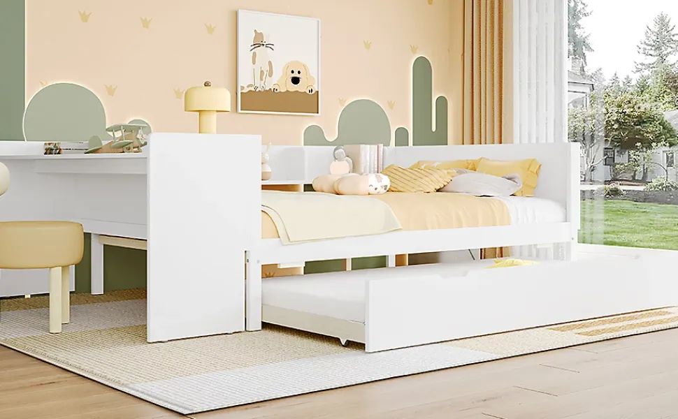 Lit Plat 140x200cm, Bureau, Lit Escamotable, 2 Tiroirs, Pin + Panneau, Blanc