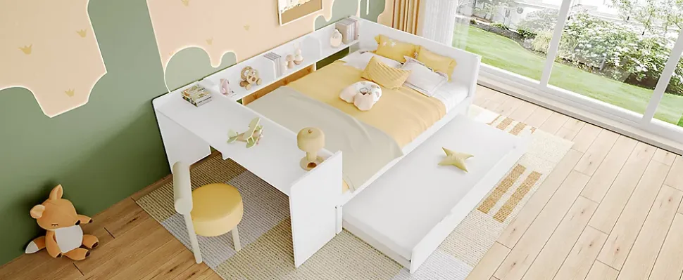 Lit Plat 140x200cm, Bureau, Lit Escamotable, 2 Tiroirs, Pin + Panneau, Blanc