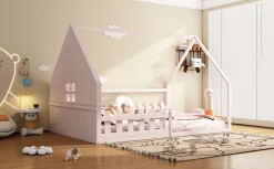 Lit Plat 140x200cm, Forme Maison, Rampe, Pin, Rose