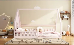 Lit Plat 140x200cm, Forme Maison, Rampe, Pin, Rose