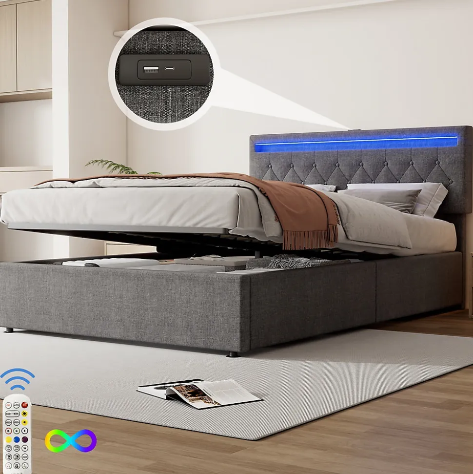 Lit Plat 160x200cm, Rembourré, LED Ambiant, USB, Grande Capacité de Rangement, Blanc