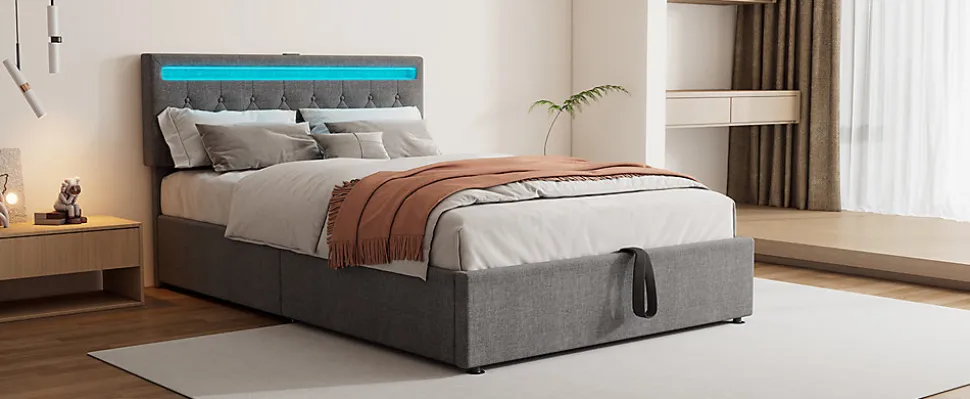 Lit Plat 160x200cm, Rembourré, LED Ambiant, USB, Grande Capacité de Rangement, Blanc