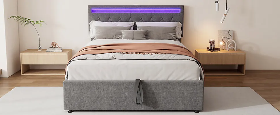 Lit Plat 160x200cm, Rembourré, LED Ambiant, USB, Grande Capacité de Rangement, Blanc