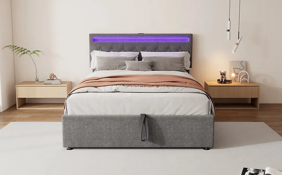 Lit Plat 160x200cm, Rembourré, LED Ambiant, USB, Grande Capacité de Rangement, Blanc