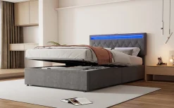 Lit Plat 160x200cm, Rembourré, LED Ambiant, USB, Grande Capacité de Rangement, Blanc