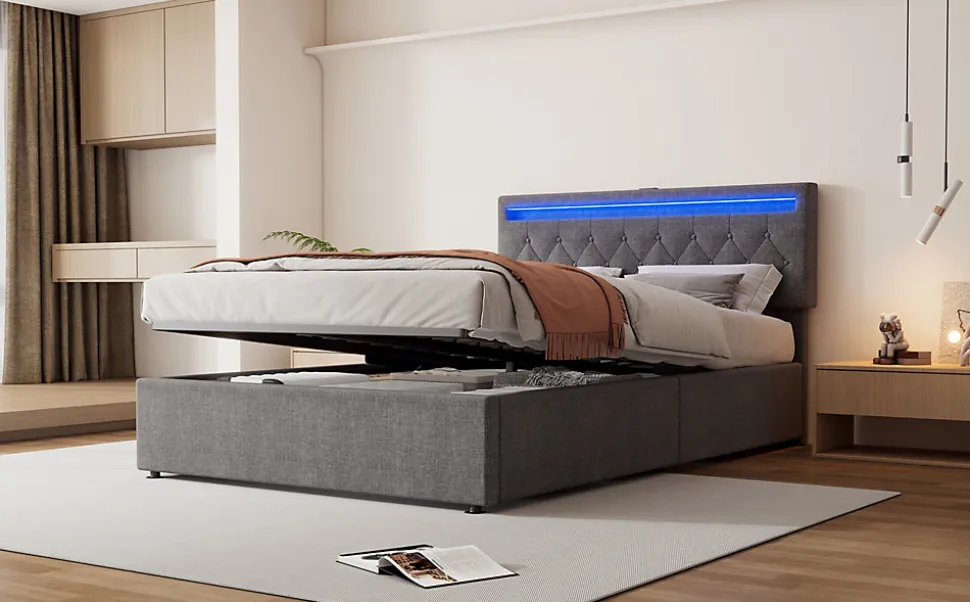 Lit Plat 160x200cm, Rembourré, LED Ambiant, USB, Grande Capacité de Rangement, Blanc