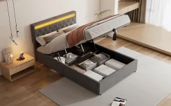 Lit Plat 160x200cm, Rembourré, LED Ambiant, USB, Grande Capacité de Rangement, Blanc