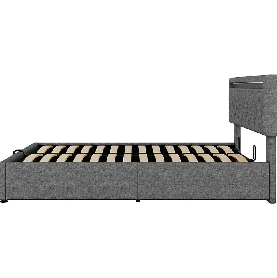 Lit Plat 160x200cm, Rembourré, LED Ambiant, USB, Grande Capacité de Rangement, Blanc