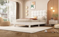 Lit Plat 140x200cm, Rembourré, LED Ambiant, USB, Grande Capacité de Rangement, Blanc