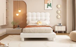 Lit Plat 140x200cm, Rembourré, LED Ambiant, USB, Grande Capacité de Rangement, Blanc