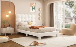 Lit Plat 140x200cm, Rembourré, LED Ambiant, USB, Grande Capacité de Rangement, Blanc