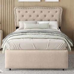 Lit Plat 90x200cm Rembourré Tiroirs Beige Foncé Blackcolors