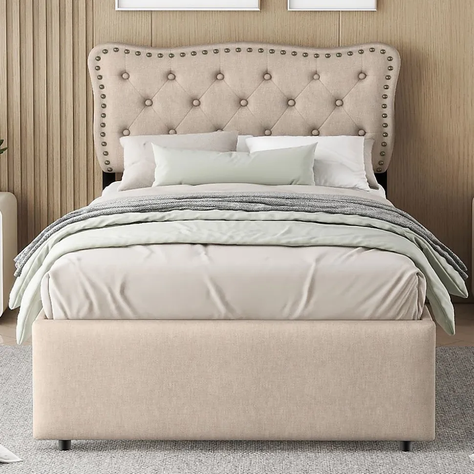 Lit Plat 90x200cm Rembourré Tiroirs Beige Foncé Blackcolors