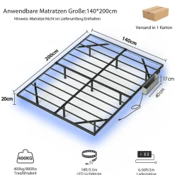 Lit plateforme métal 140x200 cm, style japonais, LED, sans tête de lit - noir