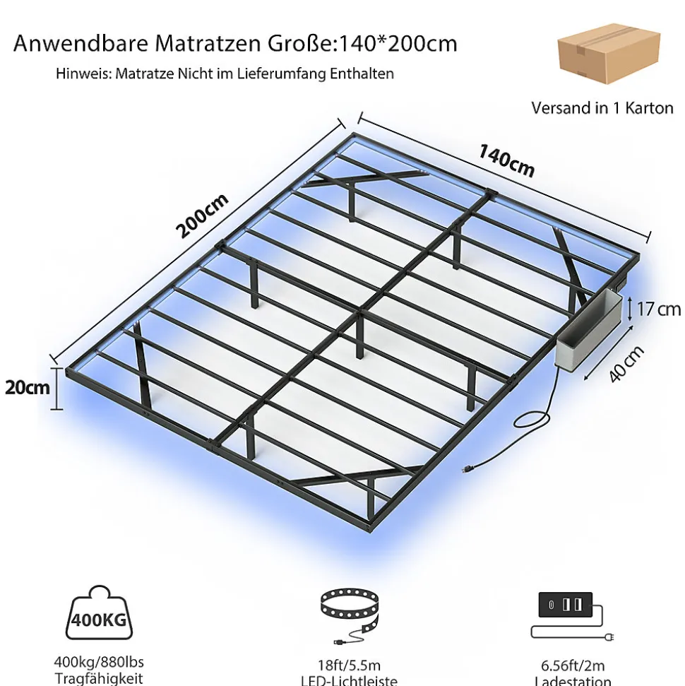 Lit plateforme métal 140x200 cm, style japonais, LED, sans tête de lit - noir