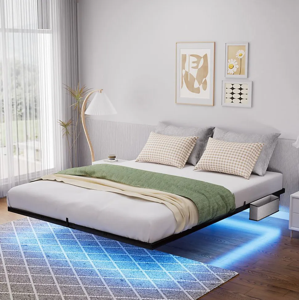 Lit plateforme métal 160x200 cm, style japonais, LED, sans tête de lit - noir