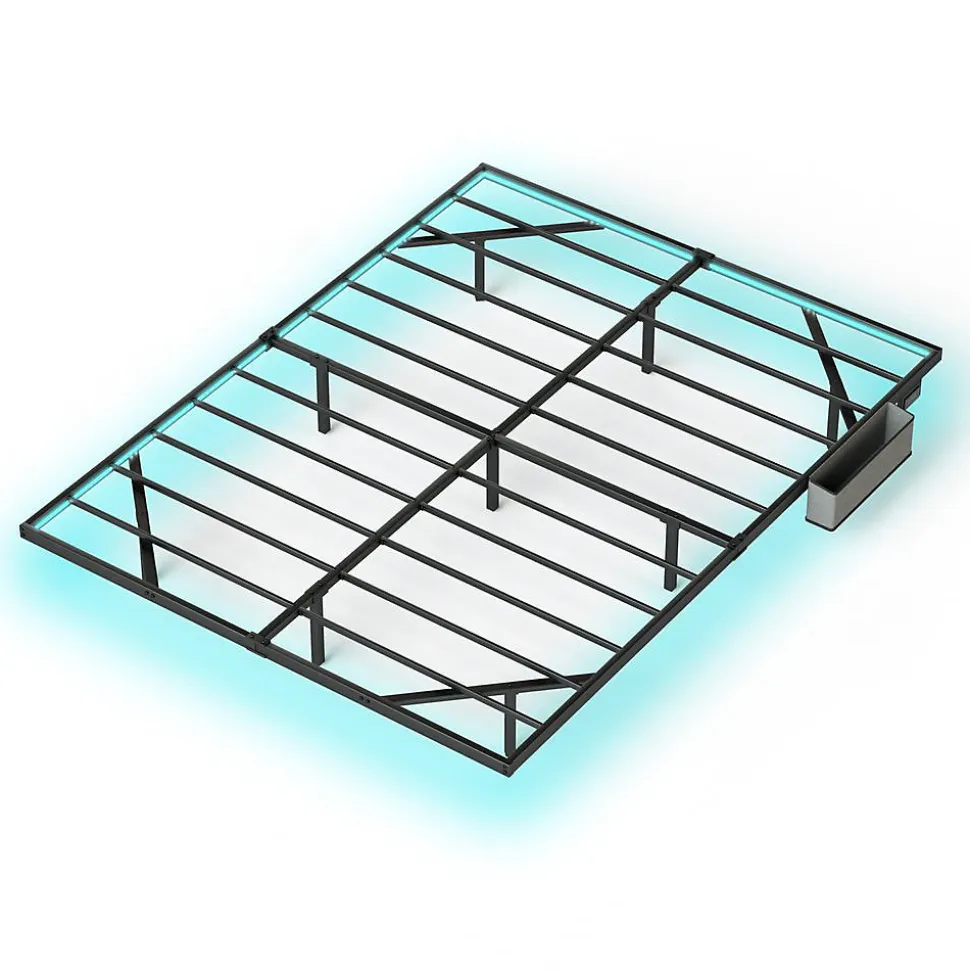 Lit plateforme métal 160x200 cm, style japonais, LED, sans tête de lit - noir