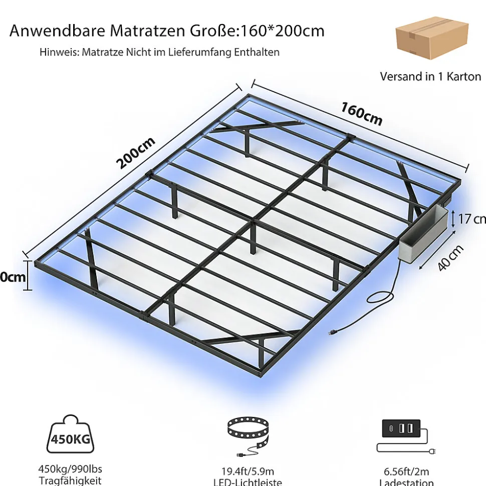Lit plateforme métal 160x200 cm, style japonais, LED, sans tête de lit - noir