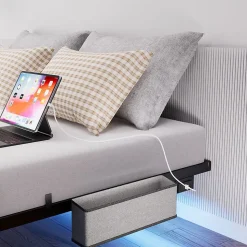 Lit plateforme métal 160x200 cm, style japonais, LED, sans tête de lit - noir