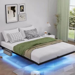 Lit plateforme métal 160x200 cm, style japonais, LED, sans tête de lit - noir