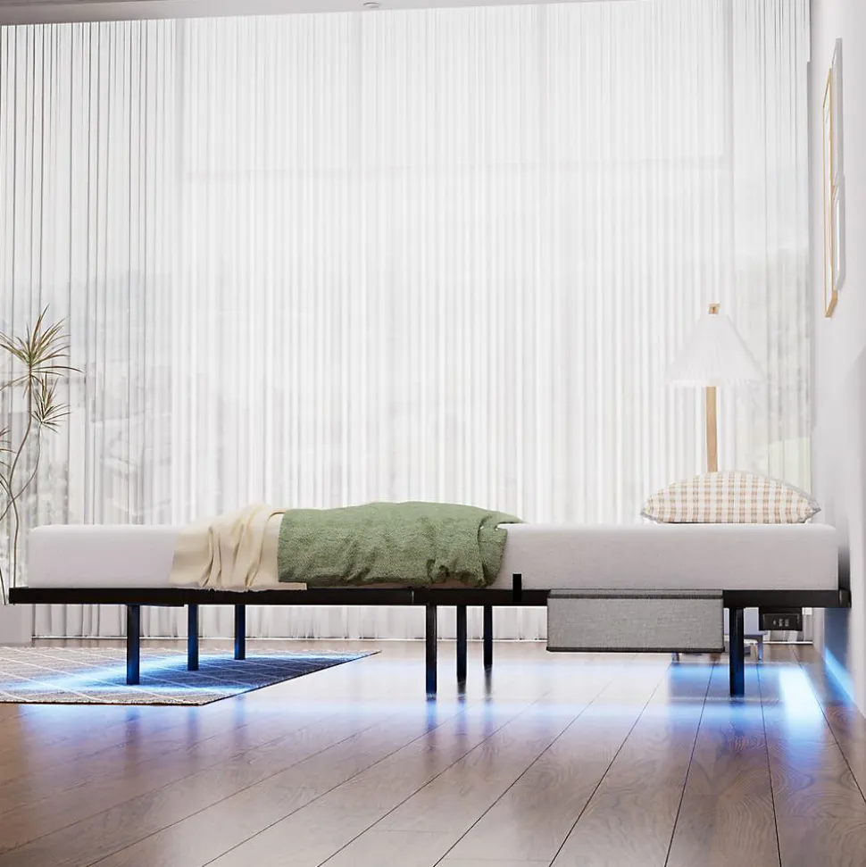 Lit plateforme métal 160x200 cm, style japonais, LED, sans tête de lit - noir