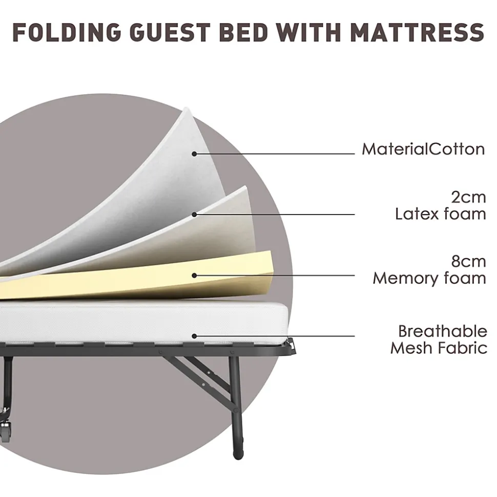 Lit Pliant 90x190 CM avec Matelas de 10cm, Lit Pliable 1 Personne Adulte, 4 roulettes, 2 Min Assembler