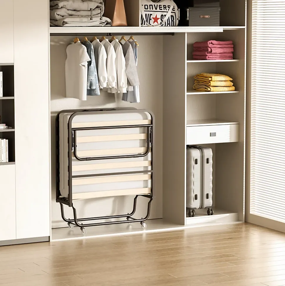 Lit Pliant 90x190 CM avec Matelas de 10cm, Lit Pliable 1 Personne Adulte, 4 roulettes, 2 Min Assembler