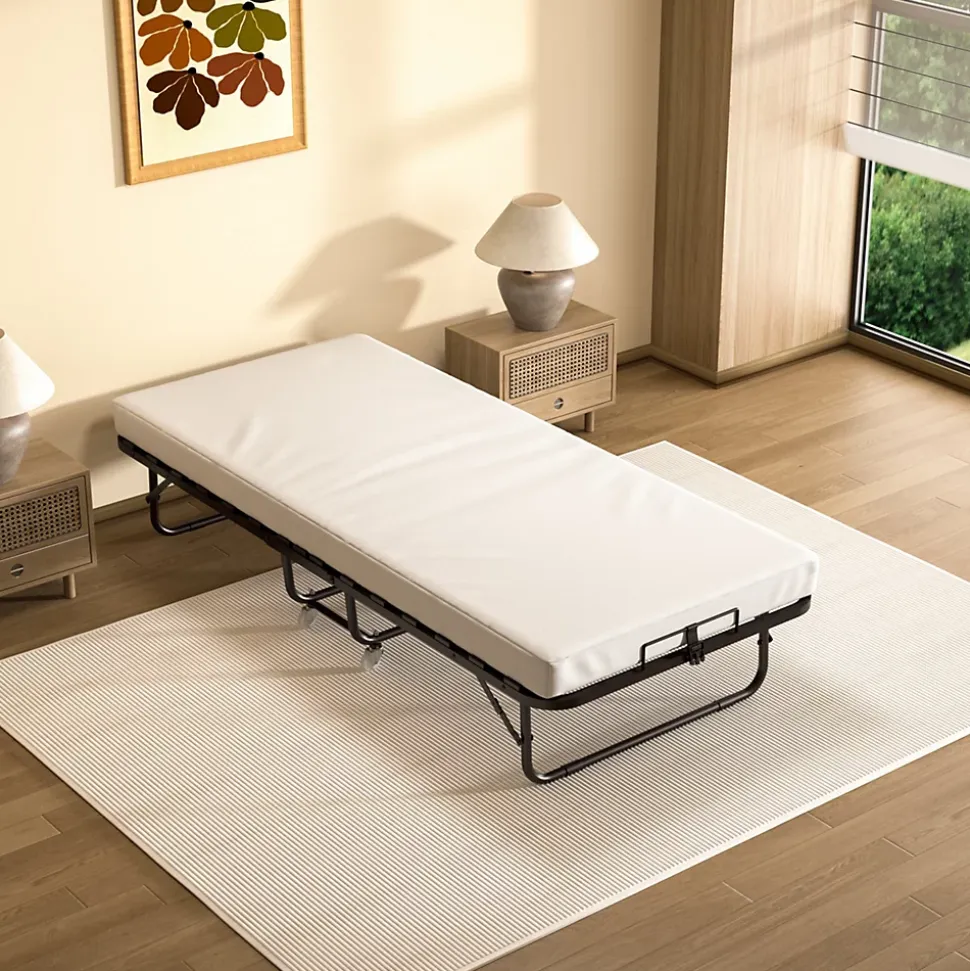 Lit Pliant 90x190 CM avec Matelas de 10cm, Lit Pliable 1 Personne Adulte, 4 roulettes, 2 Min Assembler