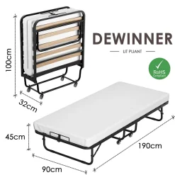 Lit Pliant 90x190 CM avec Matelas de 10cm, Lit Pliable 1 Personne Adulte, 4 roulettes, 2 Min Assembler