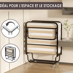 Lit Pliant 90x190 CM avec Matelas de 10cm, Lit Pliable 1 Personne Adulte, 4 roulettes, 2 Min Assembler