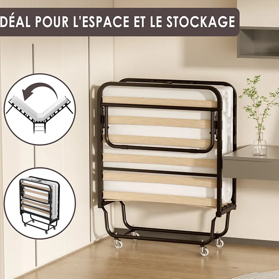 Lit Pliant 90x190 CM avec Matelas de 10cm, Lit Pliable 1 Personne Adulte, 4 roulettes, 2 Min Assembler